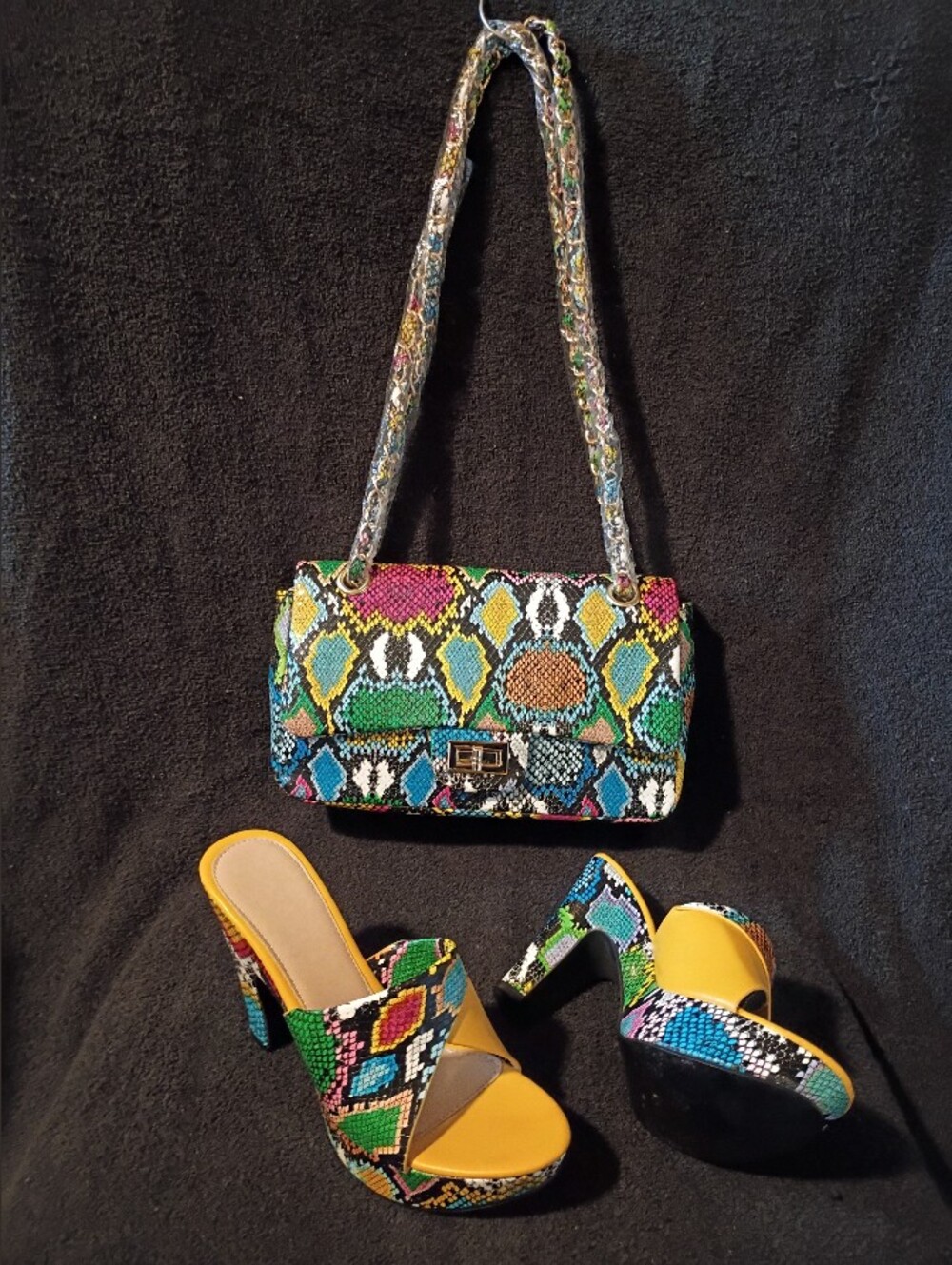 New Bam Forever Faux Snakeskin Print Bag & Gently Used Matching Chunky Heels.